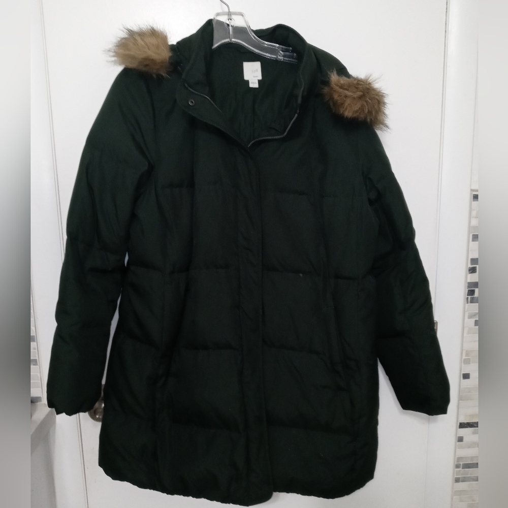 J. Jill Woman's L Forest Green Full Zip Puffer Down Parka w Faux fur trim hood